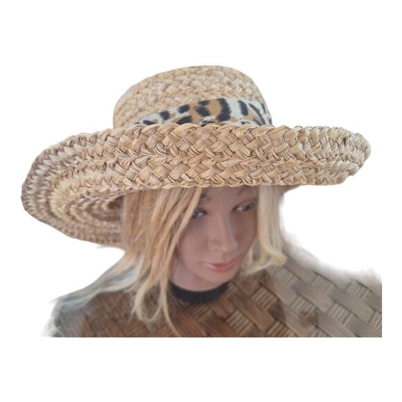 Straw Sun Hat Wide Brim Leopard Print Band with Bow Vintage Not Worn - Picture 3 of 6